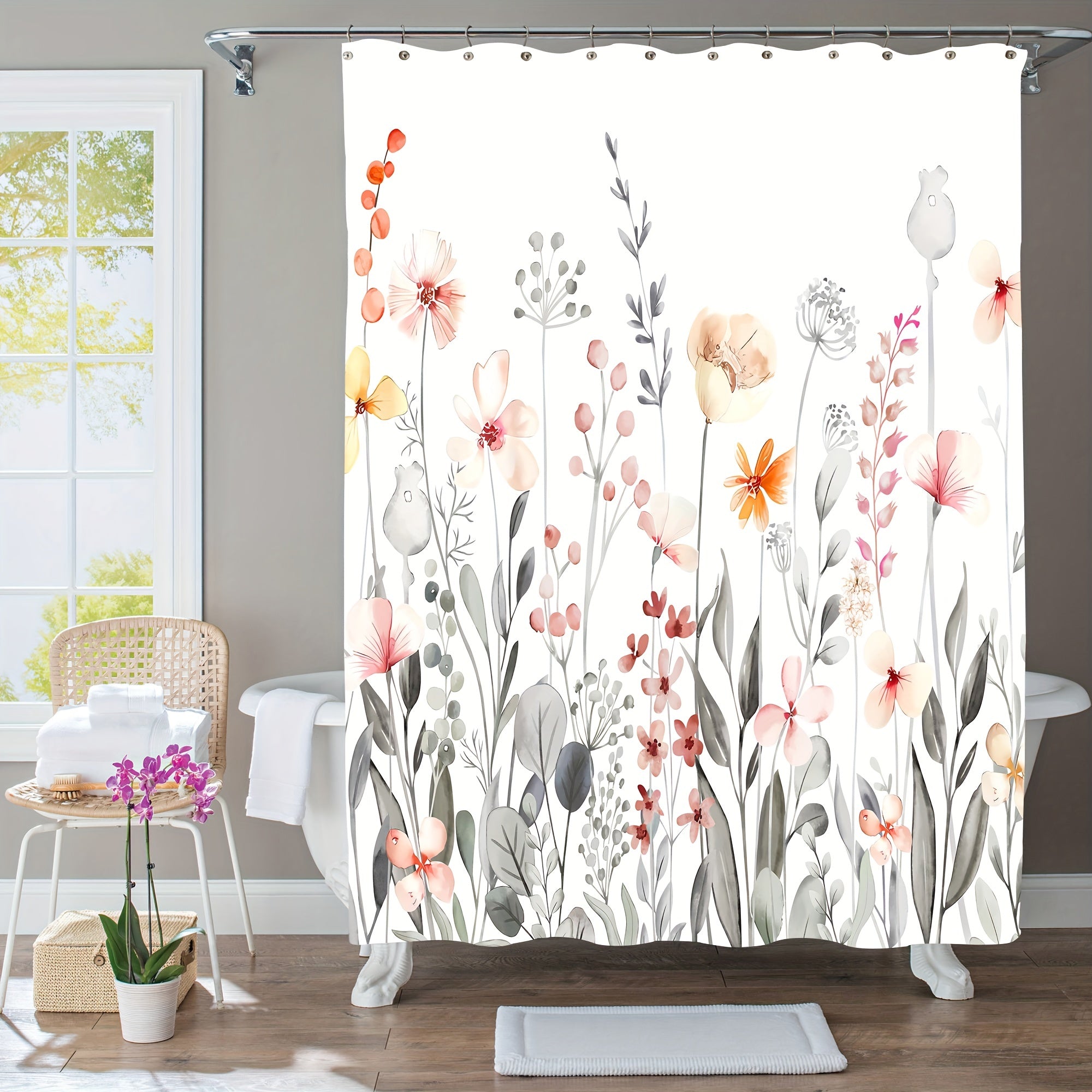 4pcs Floral Print Shower Curtain Set Waterproof and Mildew Proof