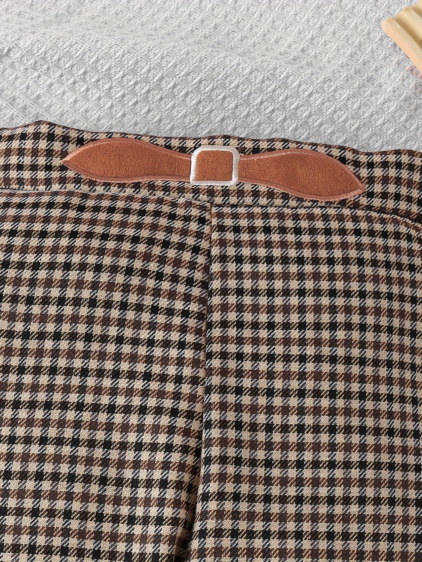 Girls' Casual Plaid Print Leather Decor Straight Leg Pants