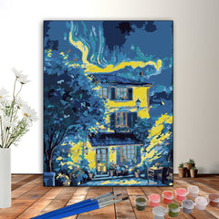 Aurora Night Paint by Numbers Kit Colorful Tree & House Scene DIY Canvas Set