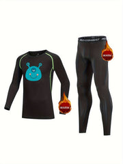2pcs Kids Compression Fleece Sets Cartoon Pattern Crew Neck Pullover