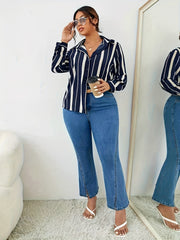  Stripe Print Long Sleeve Button Up Shirt Top
