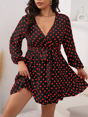  Polka Dot Lantern Sleeve Dress Ruffle Trim