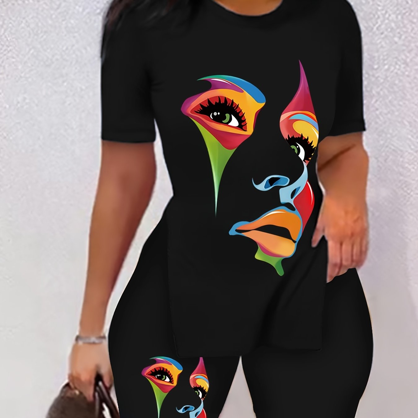 Graphic Print Two piece Set Crew Neck Side Split Casual T Shirt & Shorts
