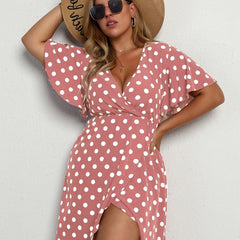  Dot Print Layered Bell Sleeve V Neck Midi Dress Women's Plus
