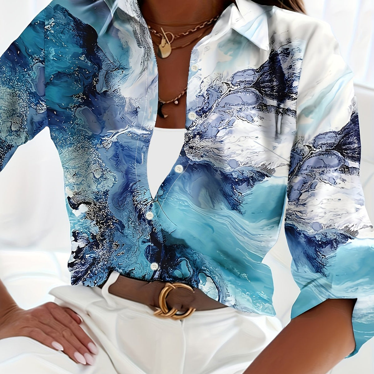  Marble Print Button Up Long Sleeve Blouse