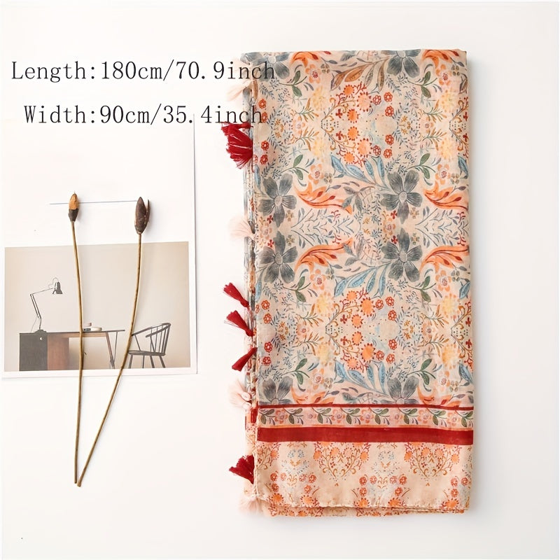 National Style Floral Fringed Scarf Lightweight Breathable Sunscreen Shawl