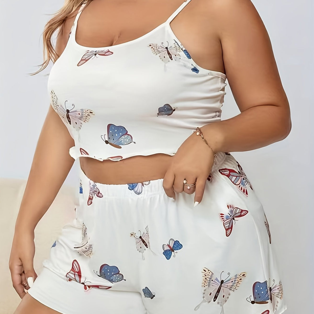  Butterfly Print Crop Cami Top & Shorts Pajama Set