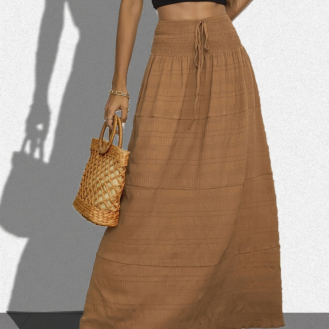  Solid Crinkle Shirred Waist Maxi Skirt