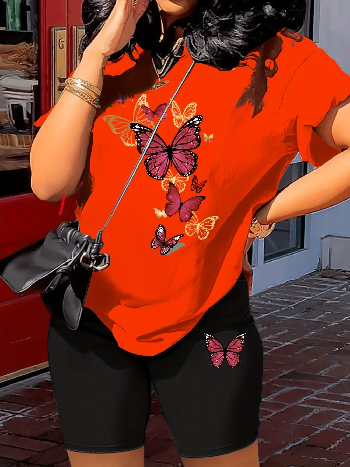 Butterfly Print 2 Piece Outfit Short Sleeve T-Shirt & Shorts Summer 2pcs Set