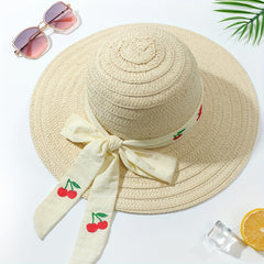 Beige Straw Sun Hat Cherry Print Ribbon Bowknot UV Protection