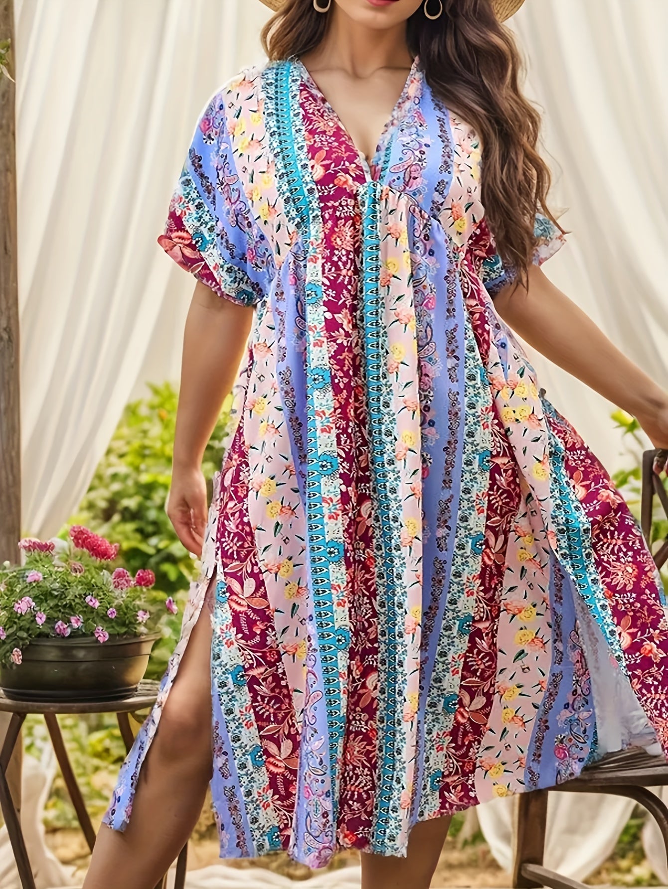  Boho Dress Women's Plus Patchwork Print Batwing Sleeve V Neck