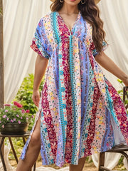  Boho Dress Women's Plus Patchwork Print Batwing Sleeve V Neck