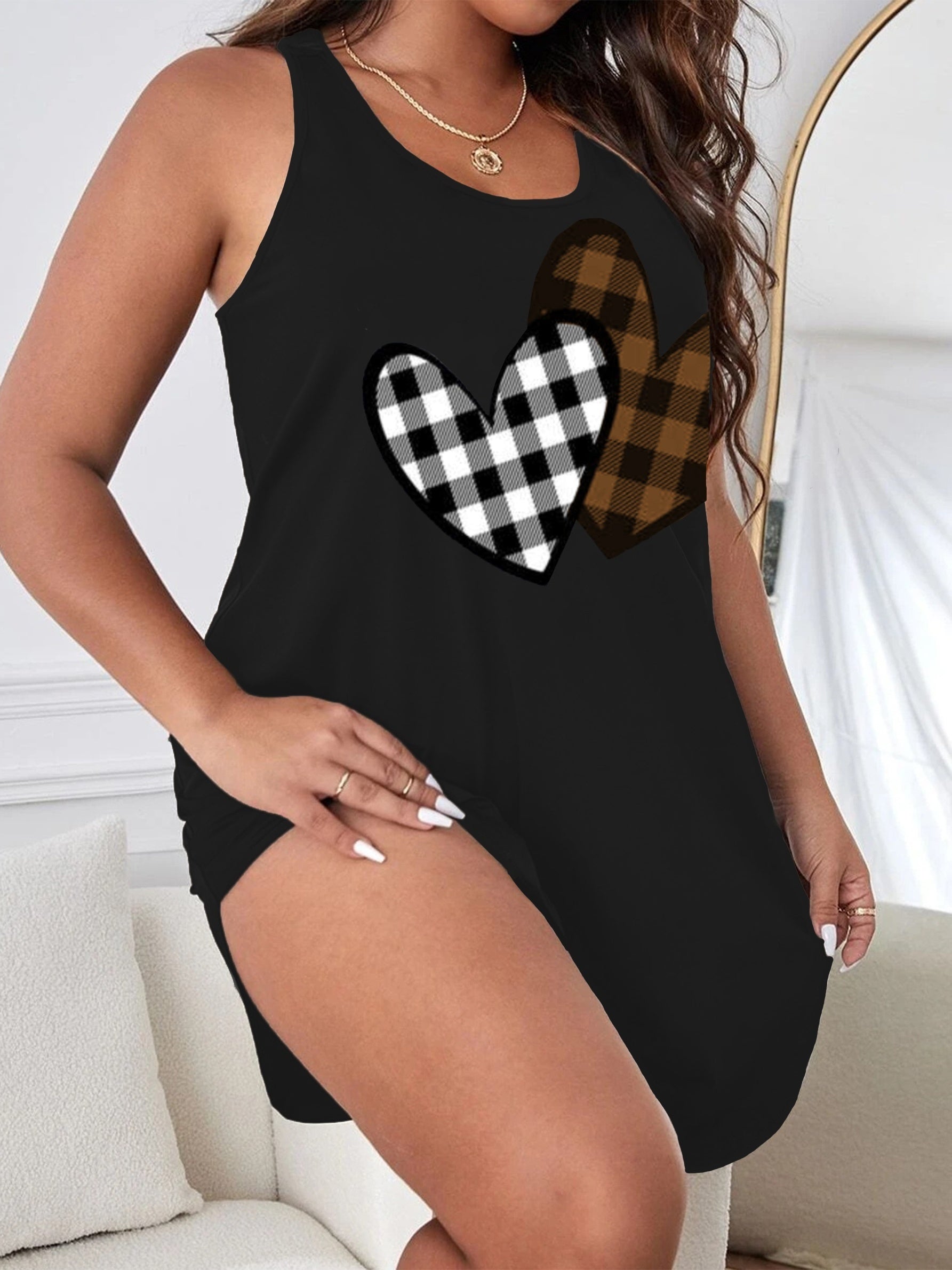  Plaid Heart Print Sleeveless Tank Dress