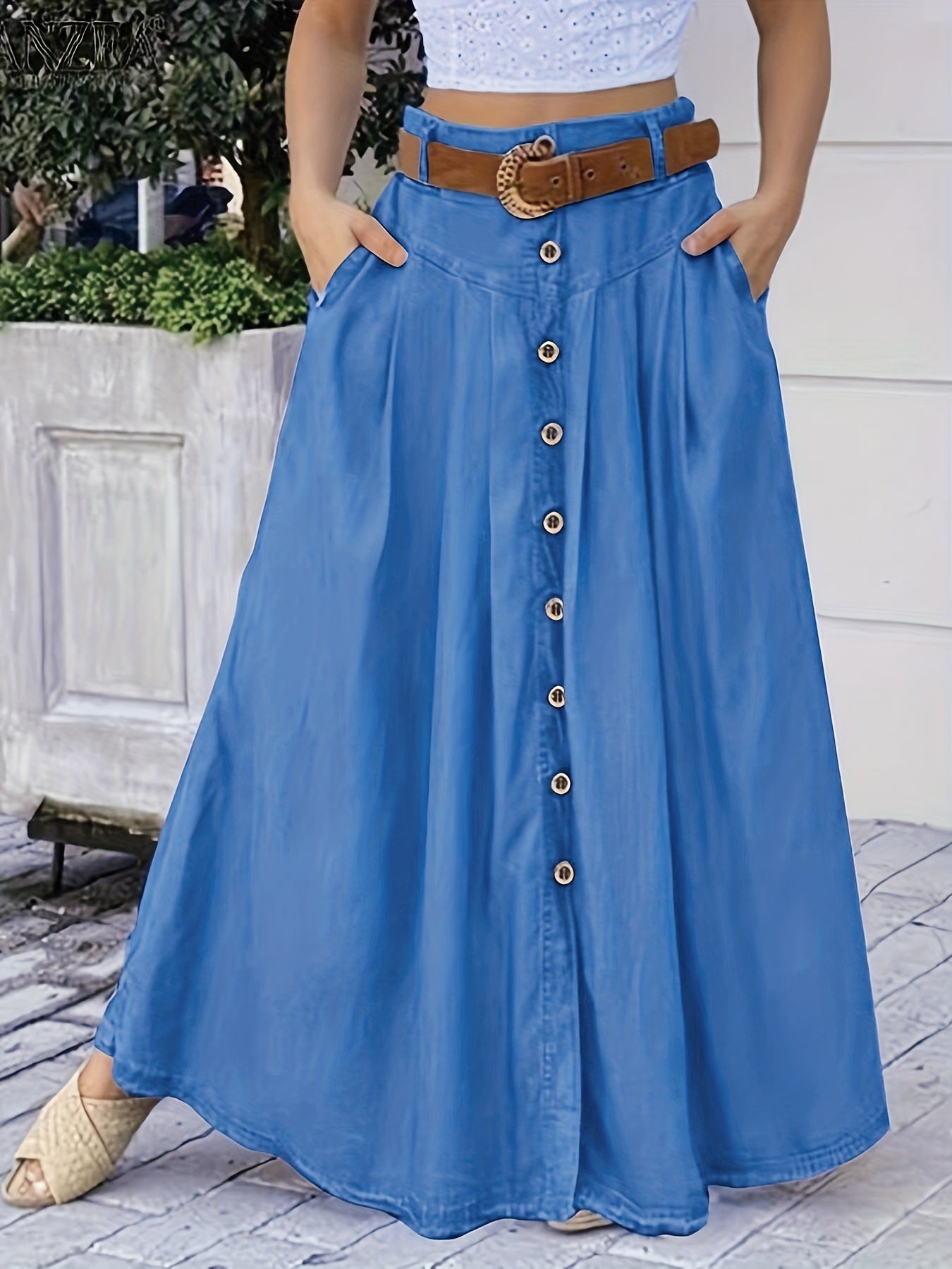  Button Detail High Rise Maxi Skirt with Pockets