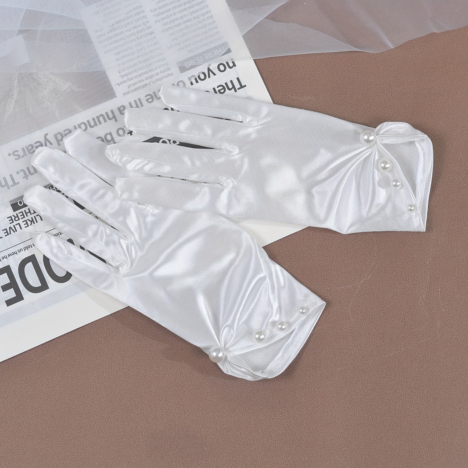 Satin Bride Gloves with Pearl Trim for Weddings