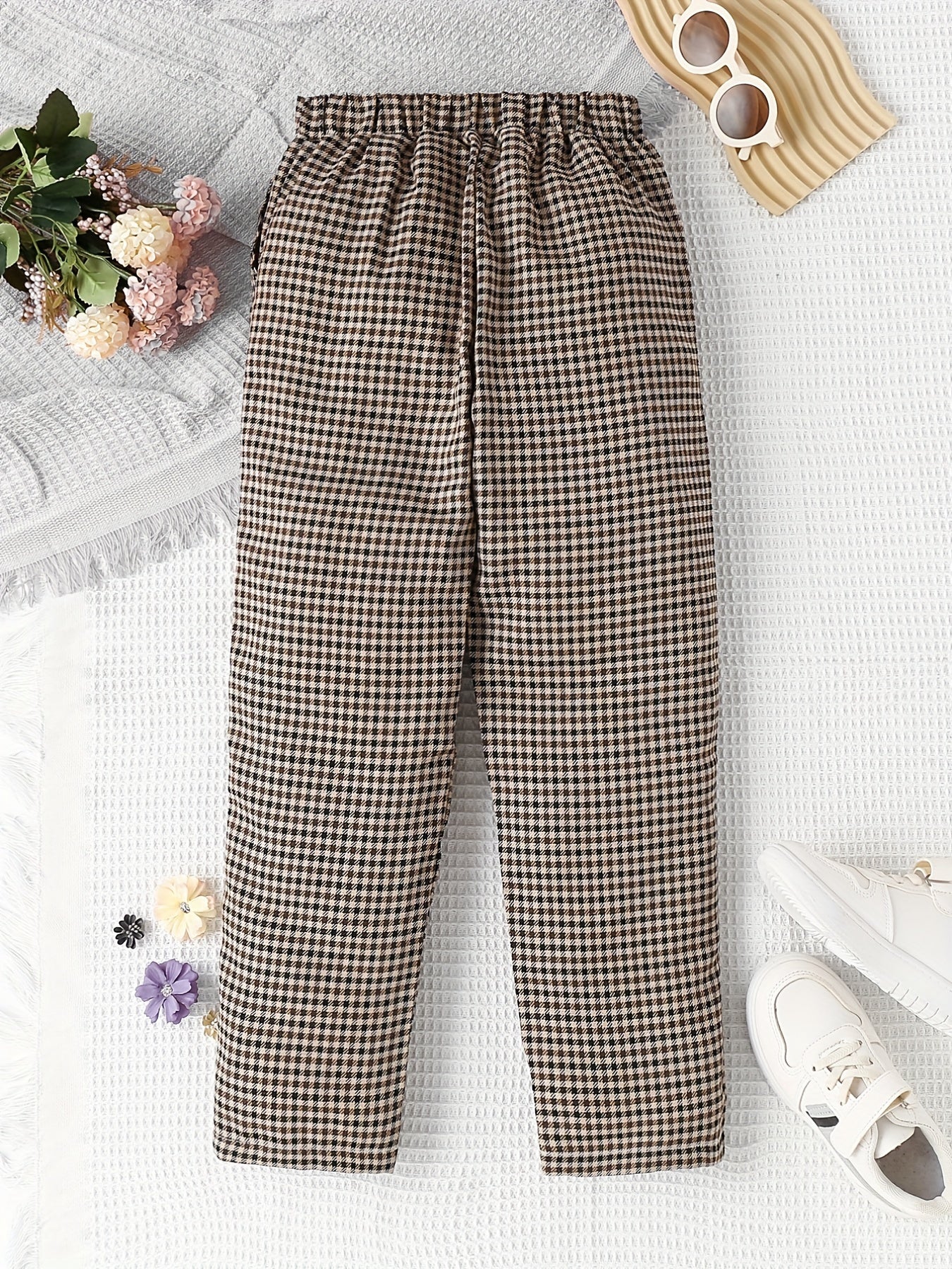 Girls' Casual Plaid Print Leather Decor Straight Leg Pants