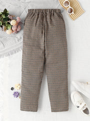 Girls' Casual Plaid Print Leather Decor Straight Leg Pants