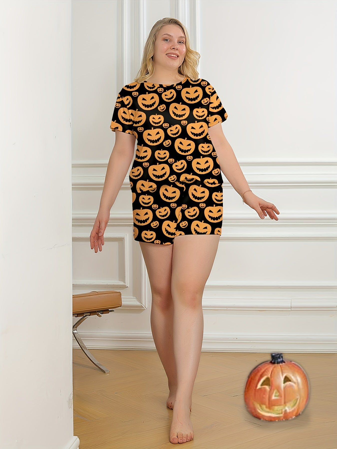  Halloween Pajama Set Women's Pumpkin Print Tee & Shorts Loungewear