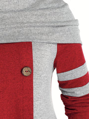  Colorblock Button Decor Hooded Knit Top