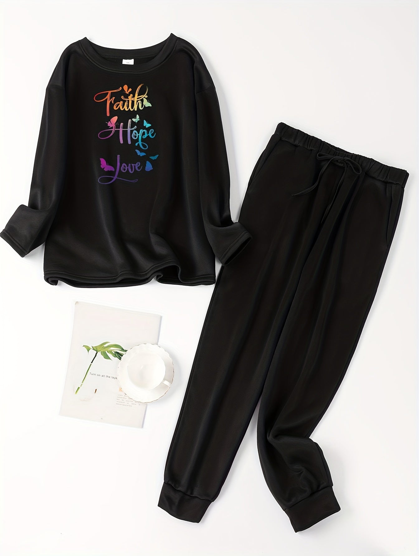  Ombre Butterfly Print Fleece Top & Tie Pants Pajama Set