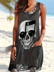  Goth Dress Colorblock Skull Print Tank Dress With Pockets