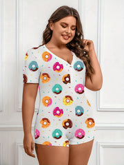  Cartoon Donut Print Pajama Romper