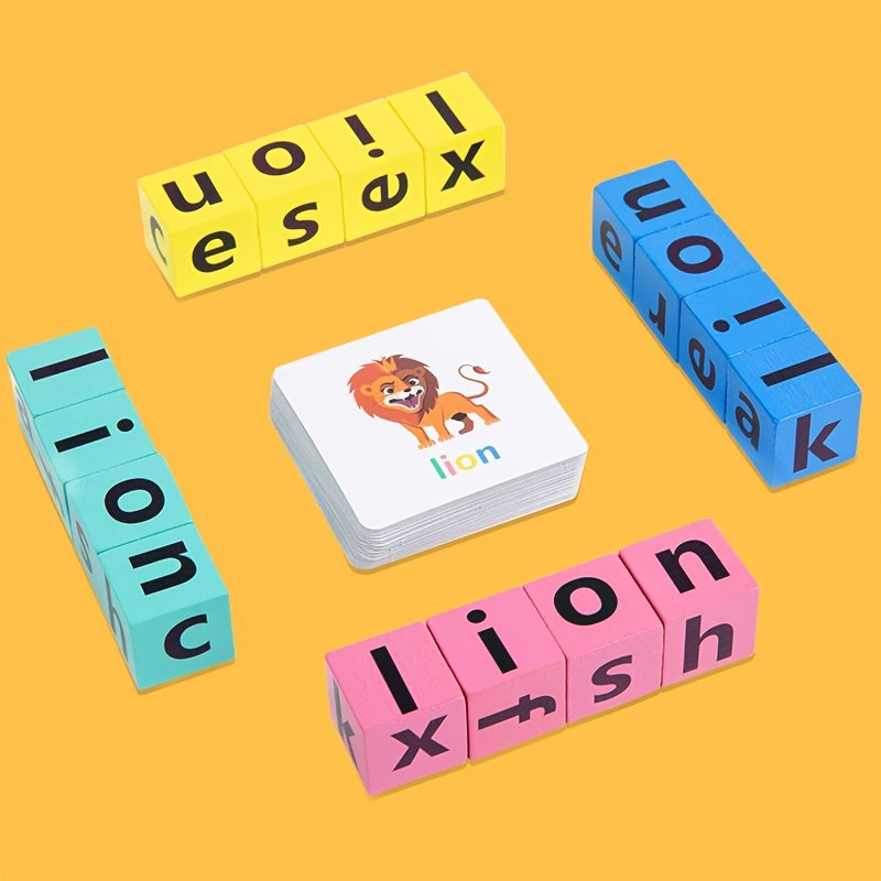 Wooden Spelling Game Building Blocks with Cards for Kids Learning Toy