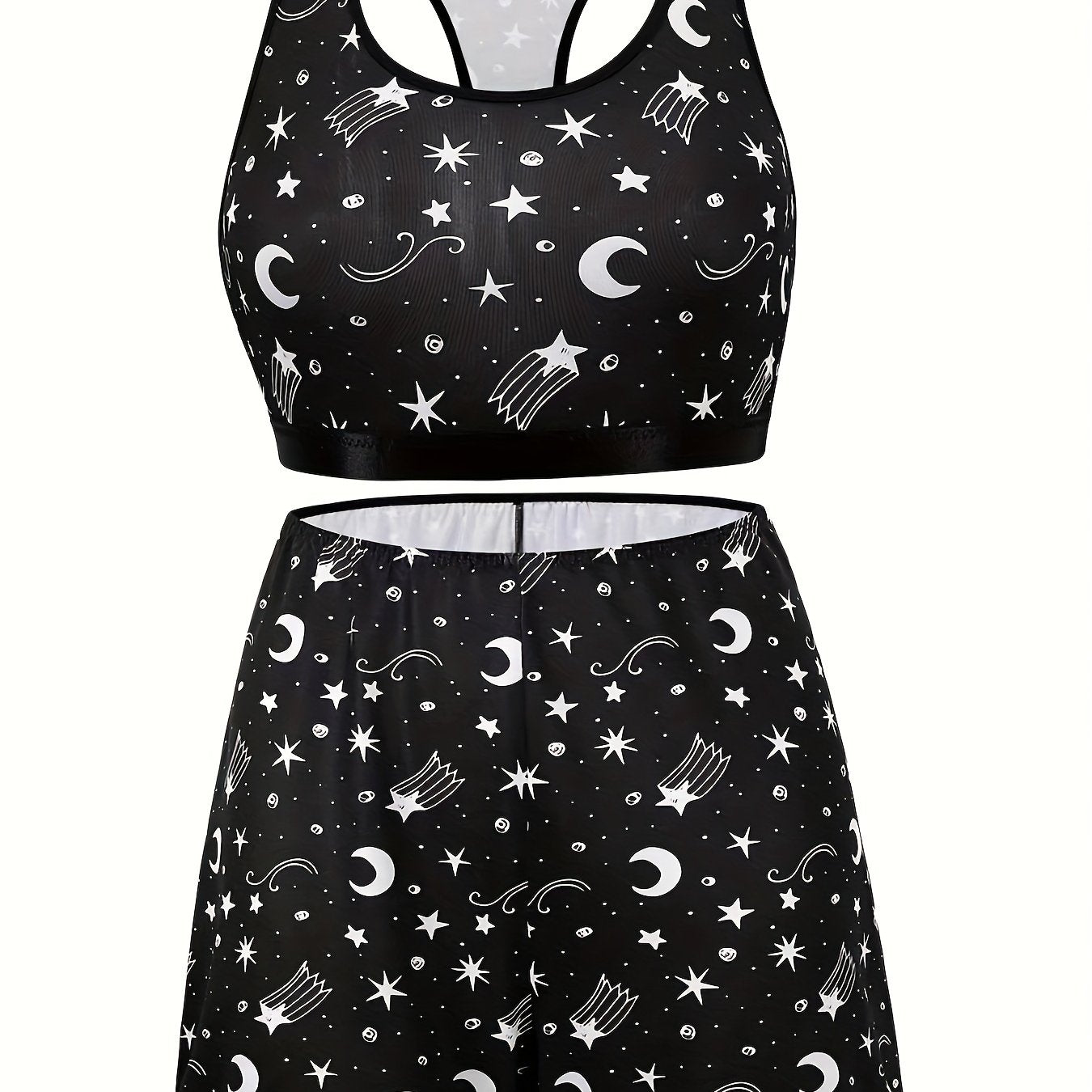  Moon & Star Print Racer Back Crop Top & Shorts Underwear Set