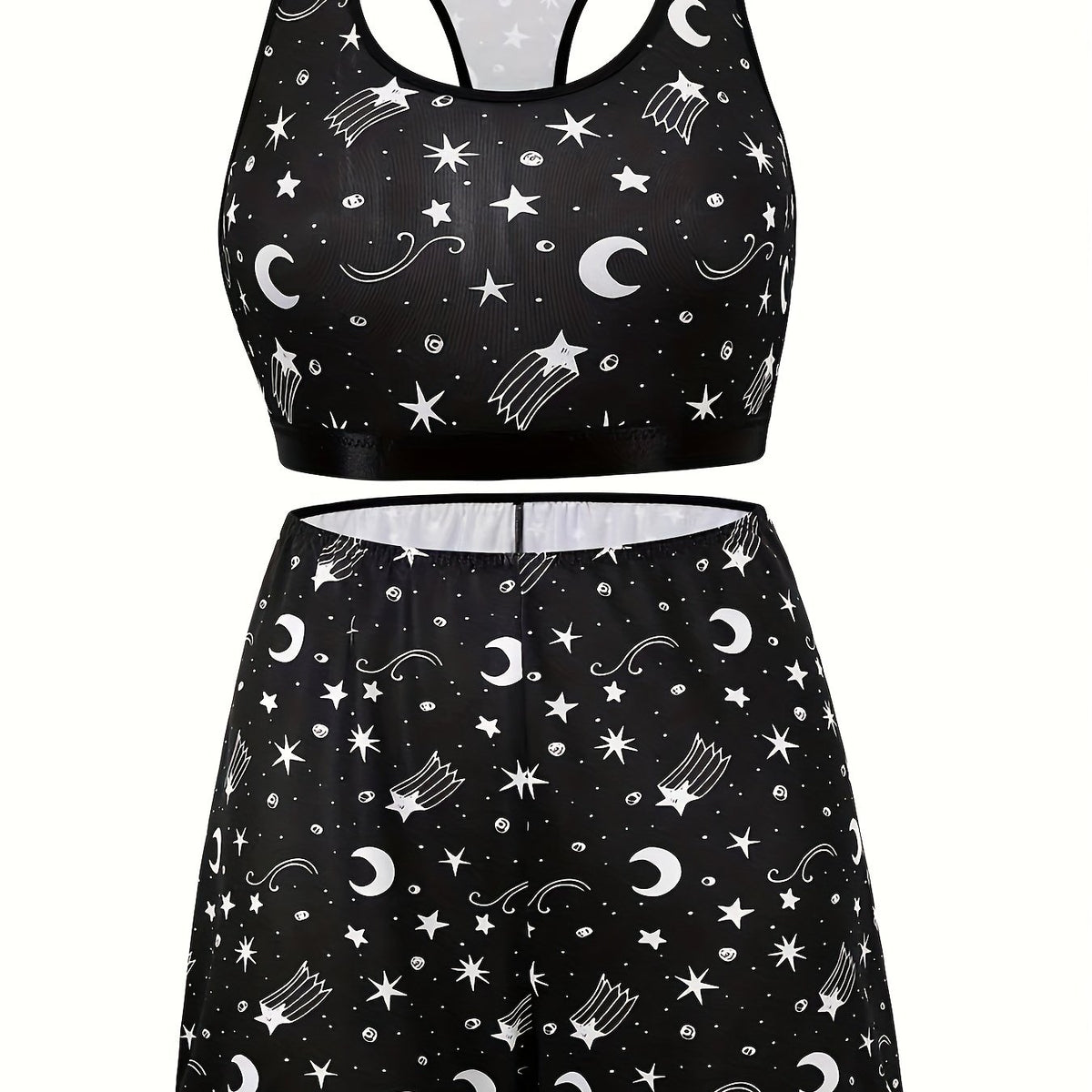  Moon & Star Print Racer Back Crop Top & Shorts Underwear Set