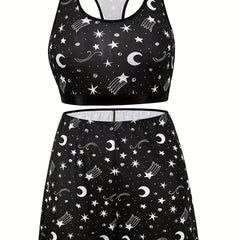  Moon & Star Print Racer Back Crop Top & Shorts Underwear Set