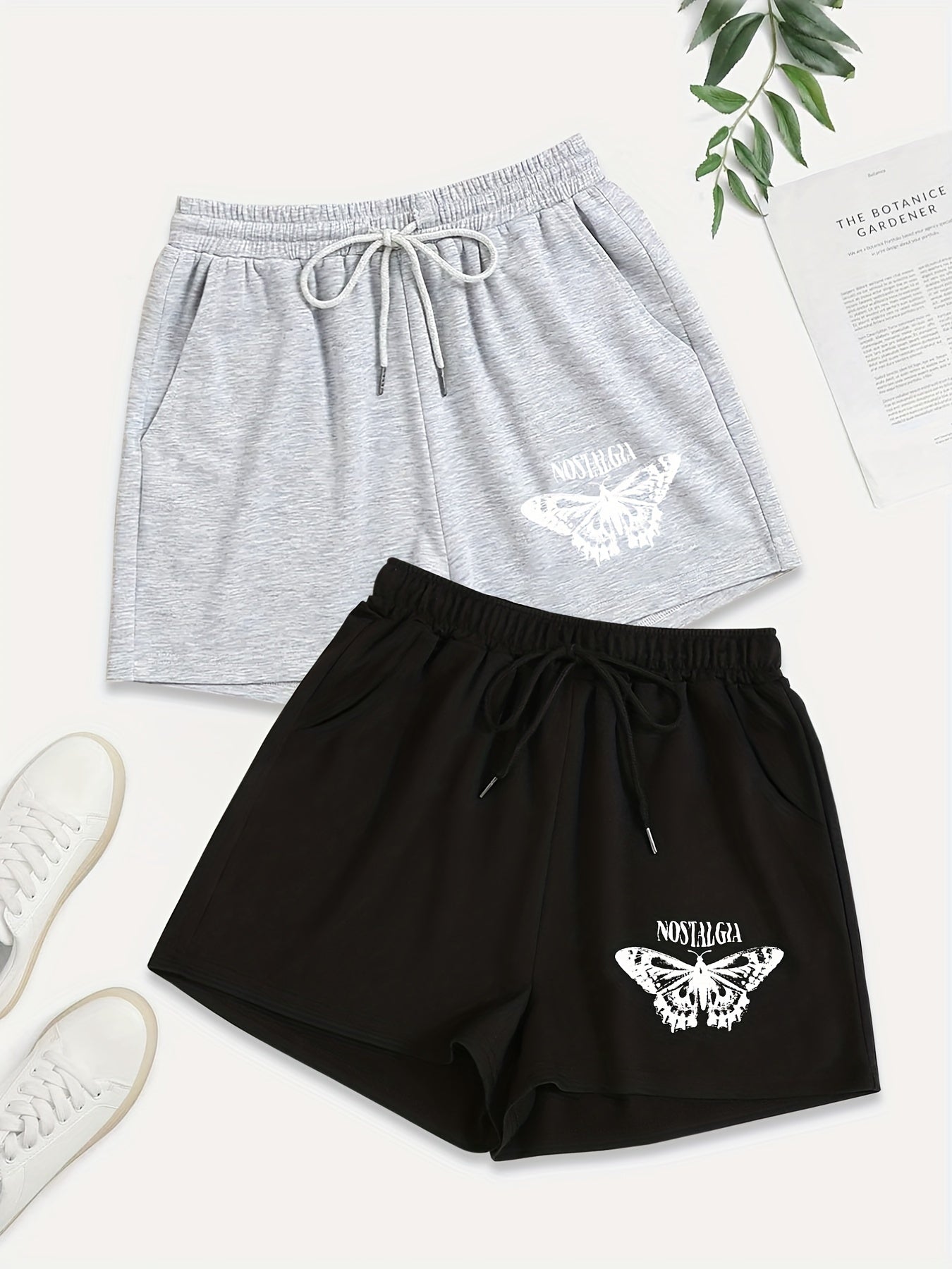 2 Pack Plus Size Sporty Shorts Set Women's Plus Butterfly & Letter Print