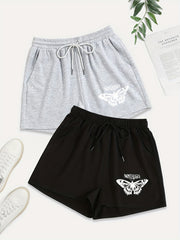 2 Pack Plus Size Sporty Shorts Set Women's Plus Butterfly & Letter Print