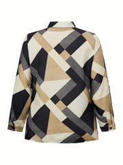  Geometric Print Lapel Collar Blouse