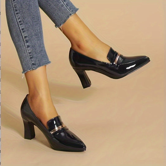 Women's Pointed Toe Court Pumps Slip On Patent Leather Block Heels