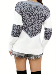  Colorblock Leopard Print V-Neck Sweater