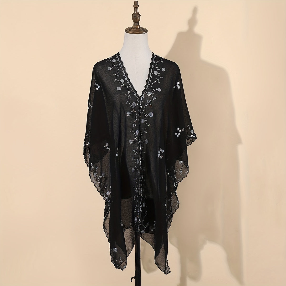 Sequin Chiffon Shawl Vintage Thin Long Wrap Sunscreen Cap