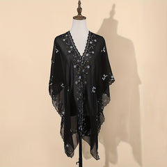 Sequin Chiffon Shawl Vintage Thin Long Wrap Sunscreen Cap