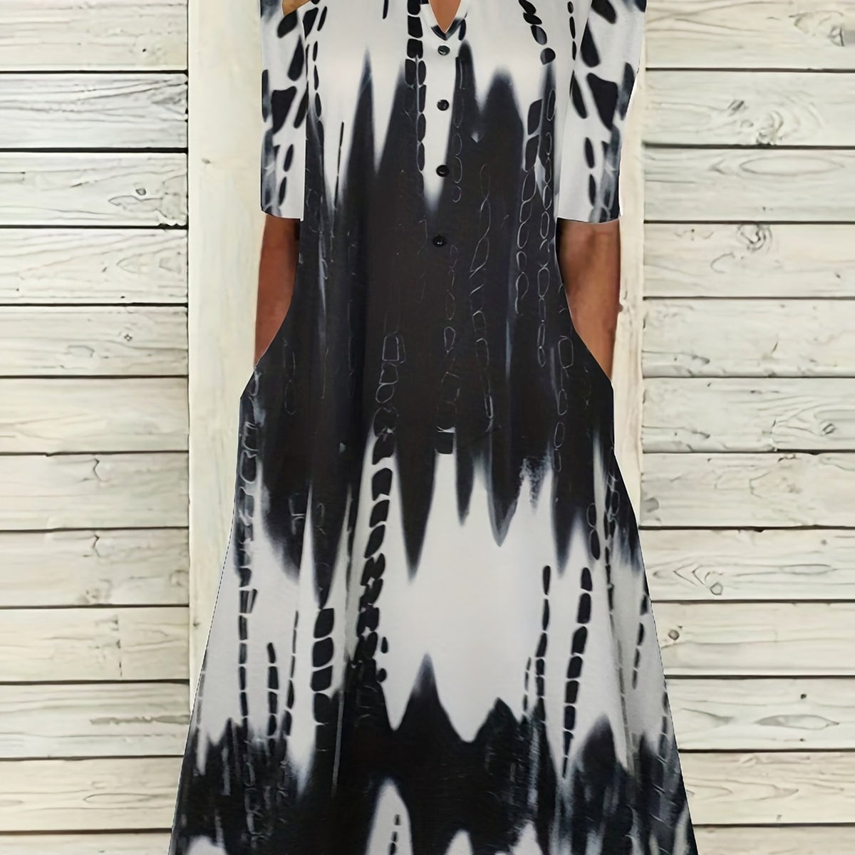  Tie Dye Button Decor Short Sleeve Notched Neck Dress
