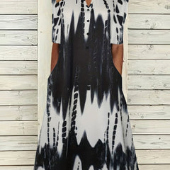  Tie Dye Button Decor Short Sleeve Notched Neck Dress