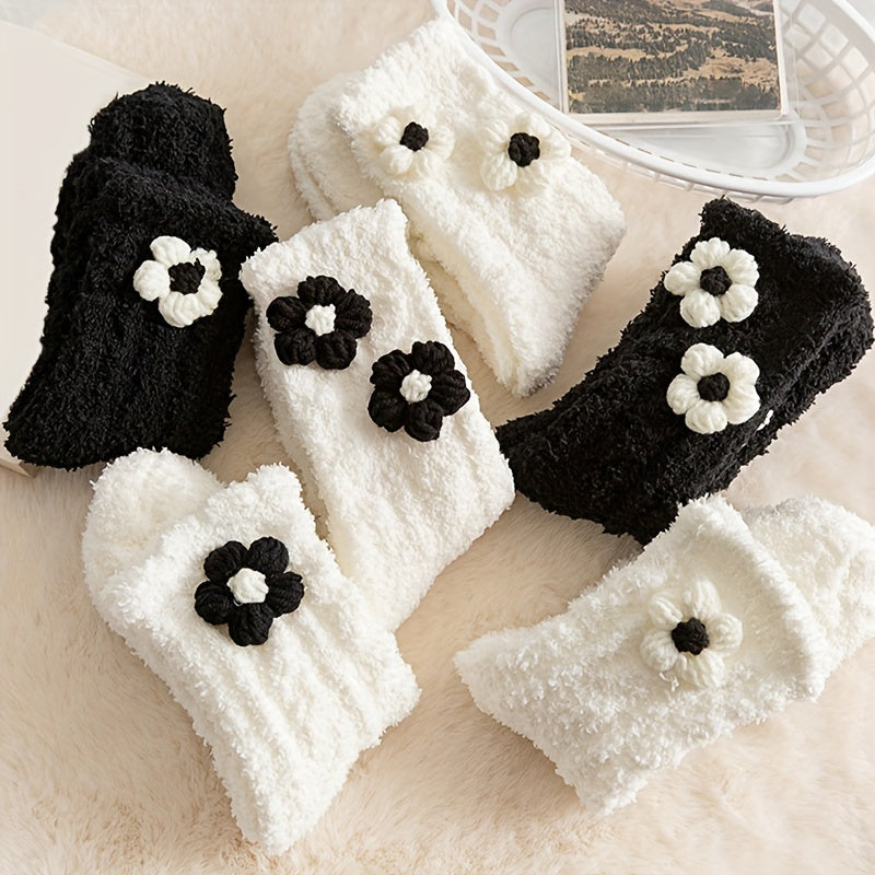 6 Pairs Floral Decor Socks Comfy & Fuzzy Warm Women's Stockings