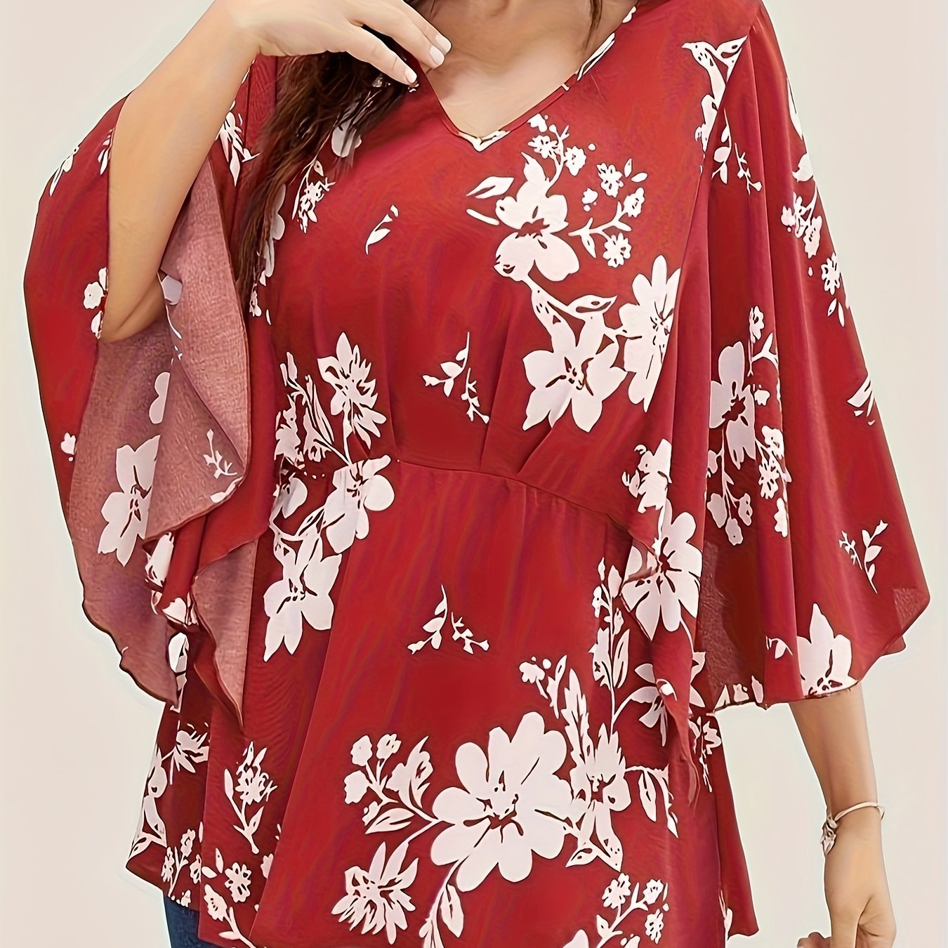  Floral Print Butterfly Sleeve Peplum Blouse