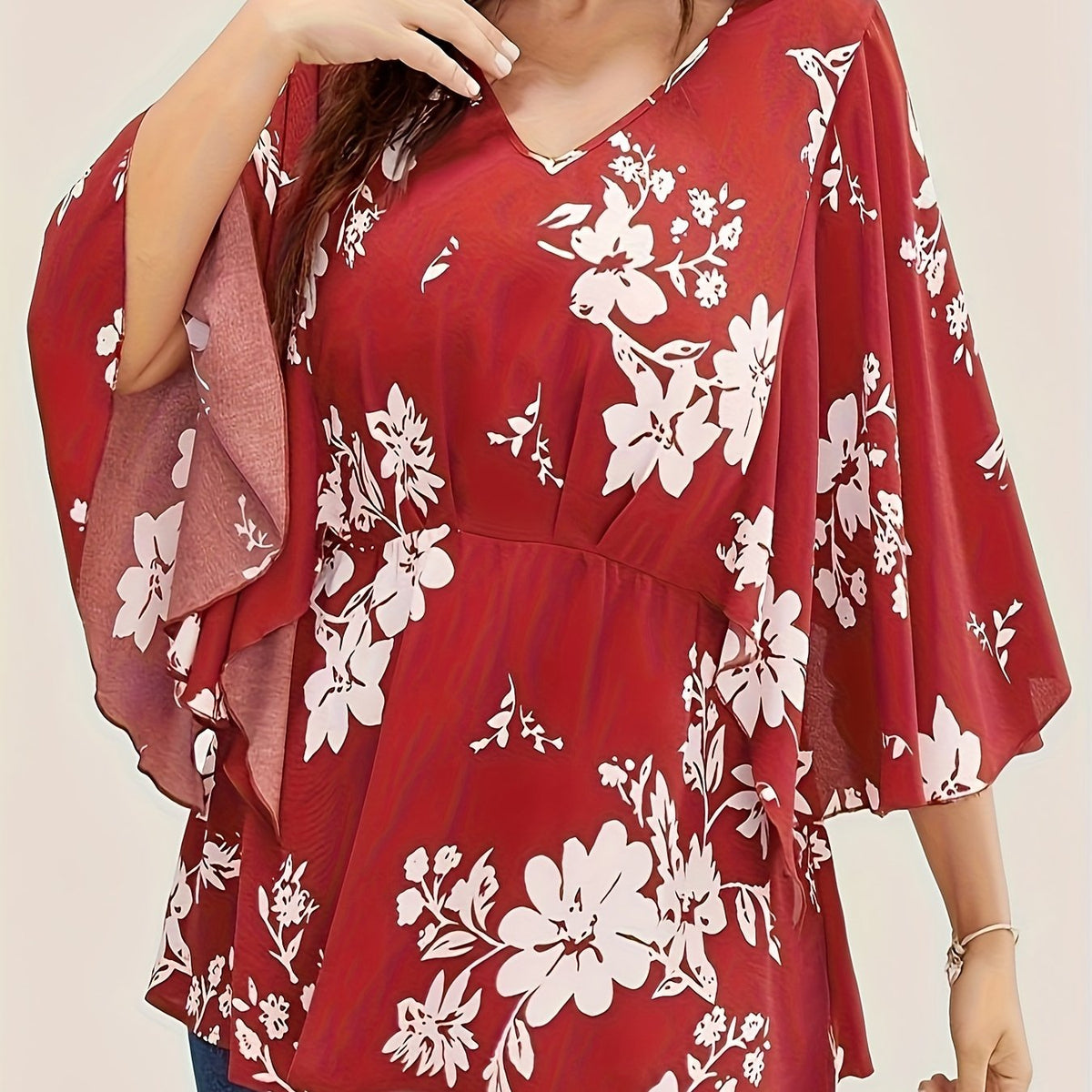  Floral Print Butterfly Sleeve Peplum Blouse