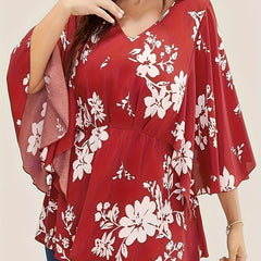  Floral Print Butterfly Sleeve Peplum Blouse