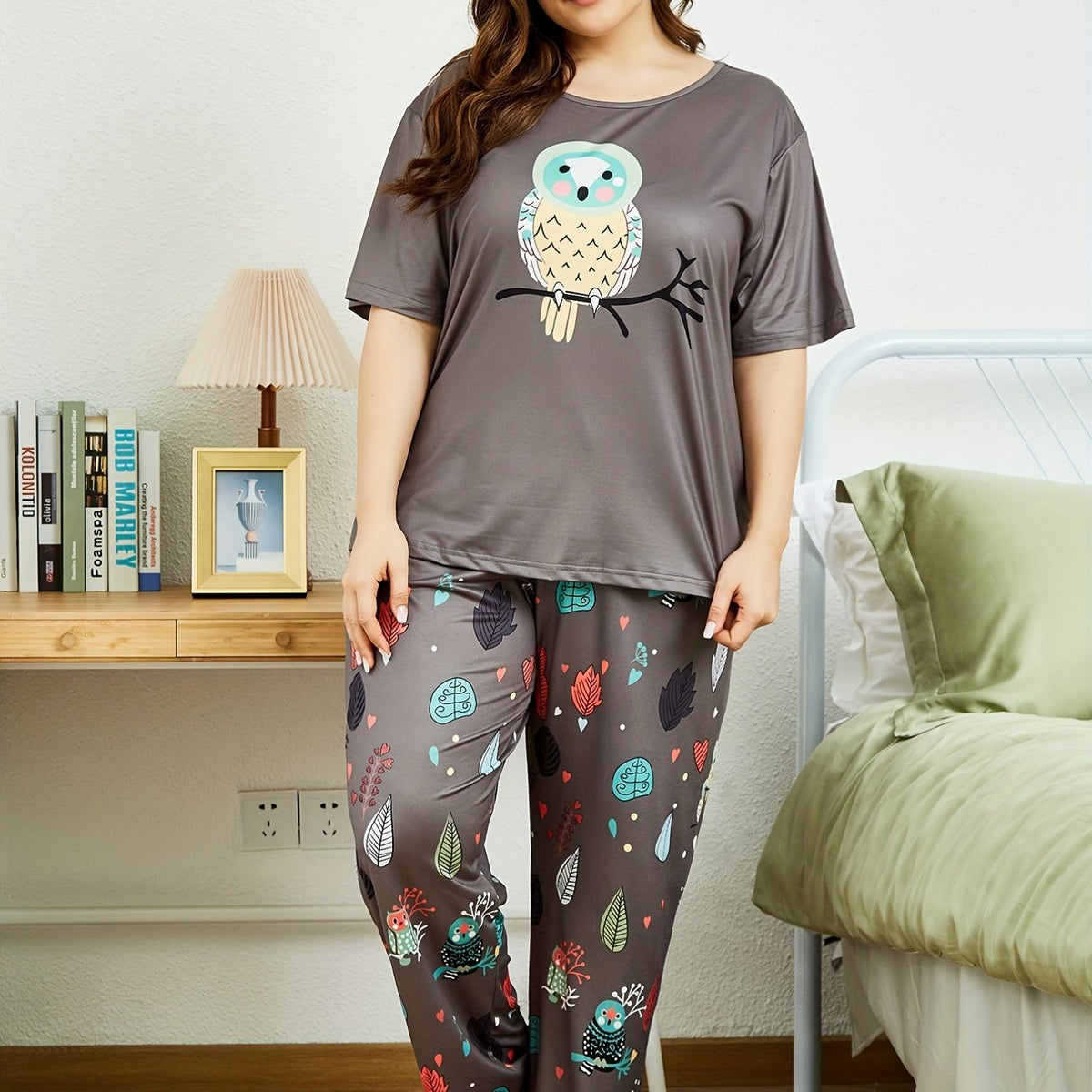  Owl Print Short Sleeve Top & Leaf Pants Pajama Set