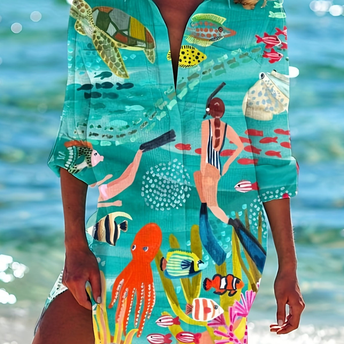  Fish Print Button Up Beachwear Dress