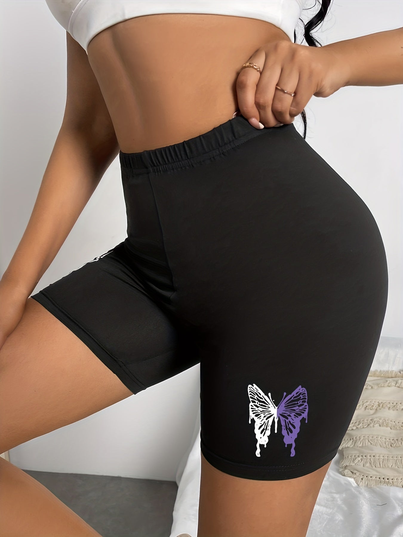 Butterfly Print Slim Shorts Casual Elastic High Waist Workout Shorts