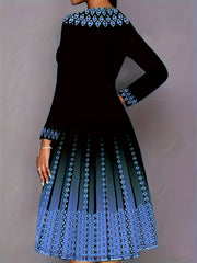  Women's Geo & Ombre Print Long Sleeve Round Neck A line Formal Dress