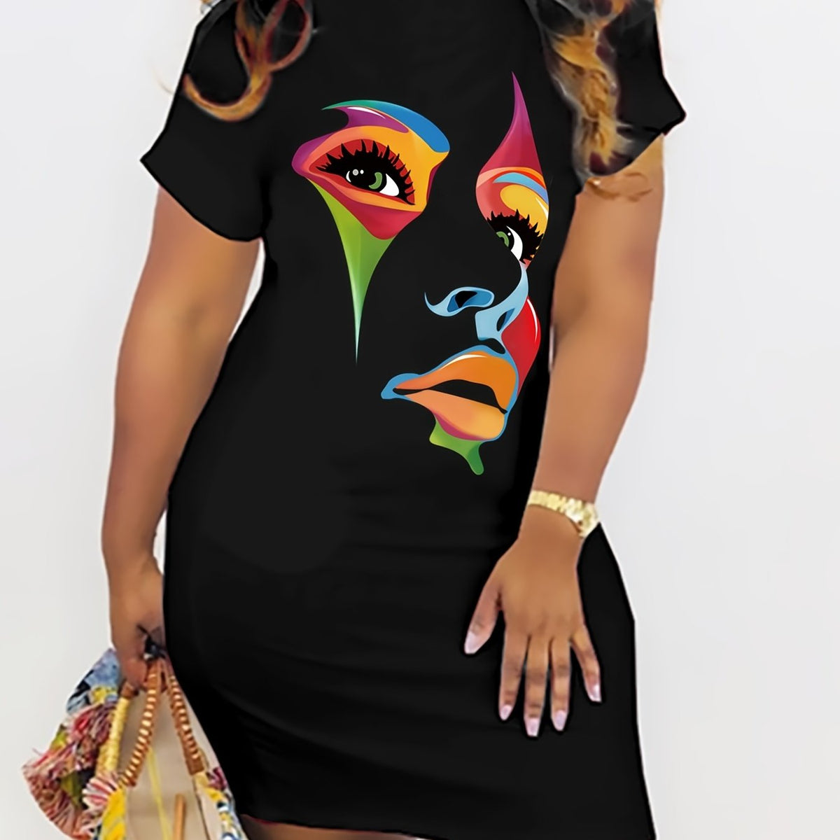  Figure Print Short Sleeve Tee Dress Women's Plus