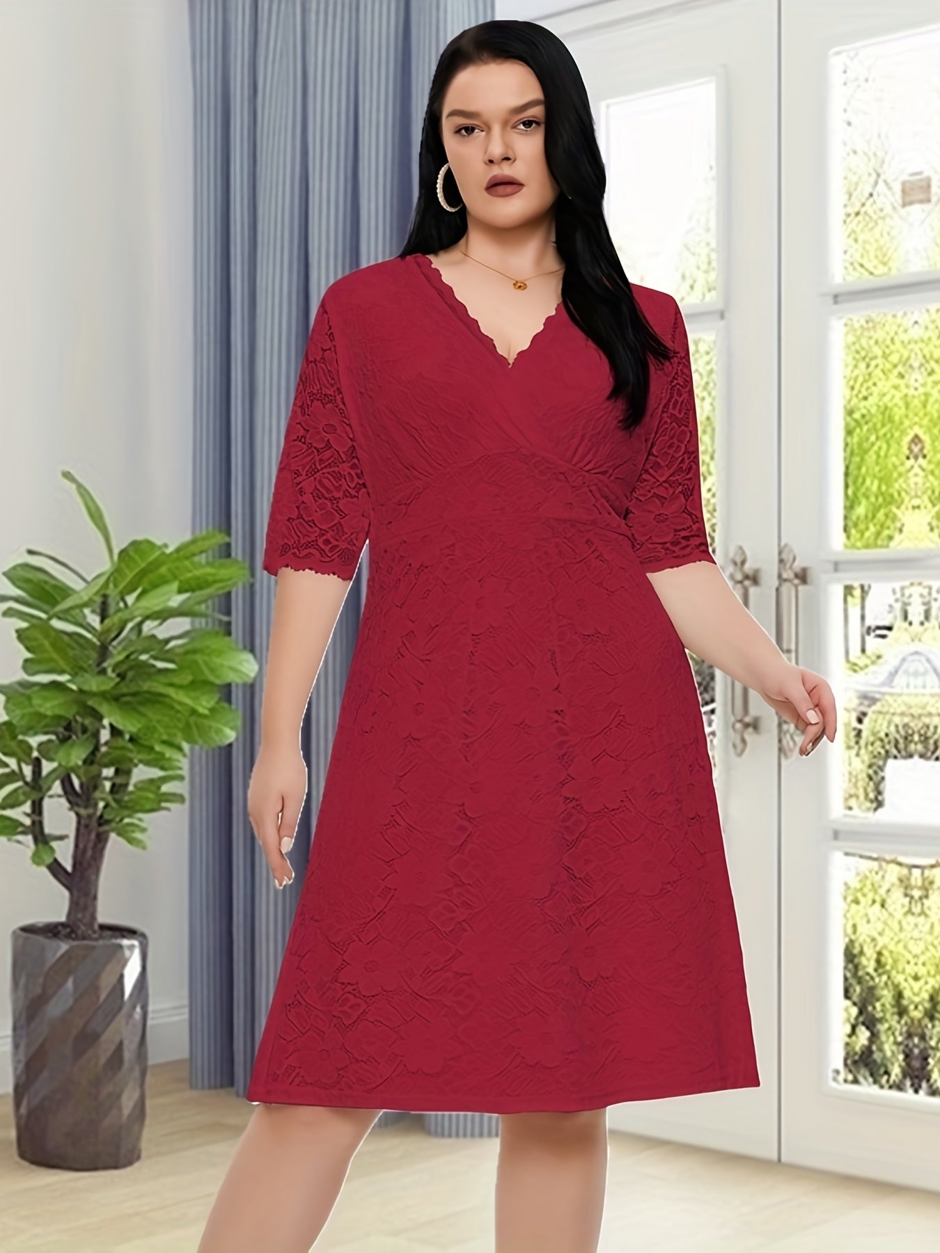  Floral Jacquard Trim Half Sleeve Slim Fit Formal Dress