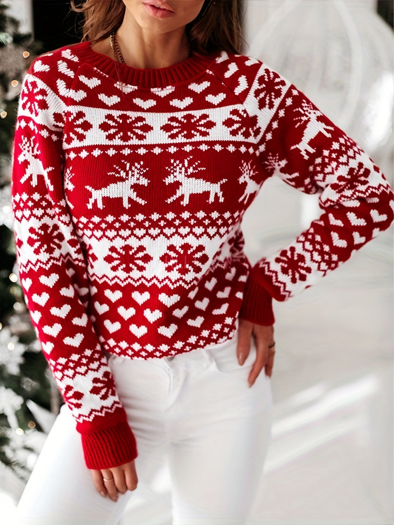  Colorblock Reindeer & Snowflake Print Sweater